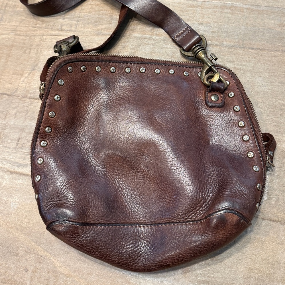 Brown Leather Studded Crossbody Bag